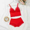 Red lace-trim bralette and short lingerie set - alternate view