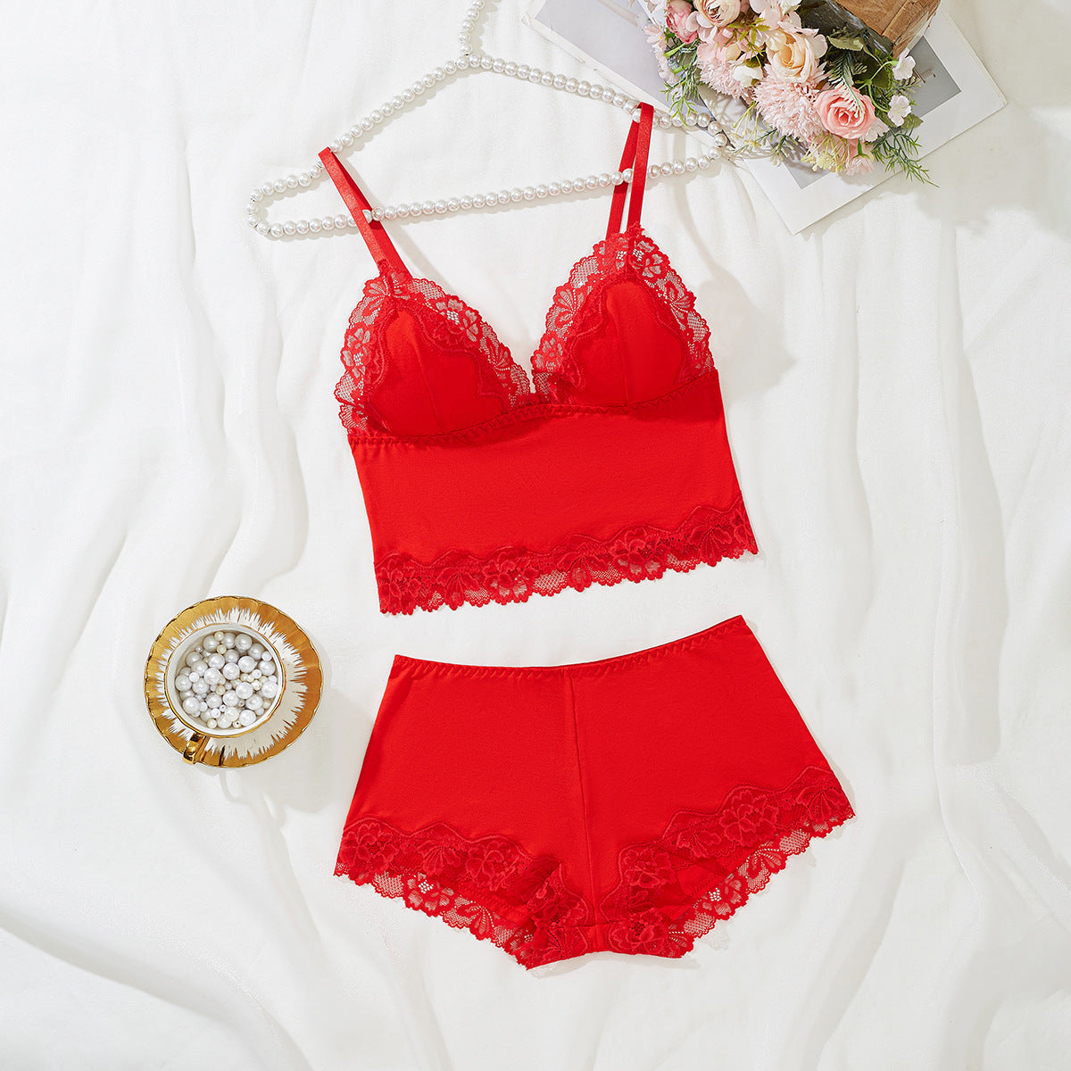 Red lace-trim bralette and short lingerie set - alternate view