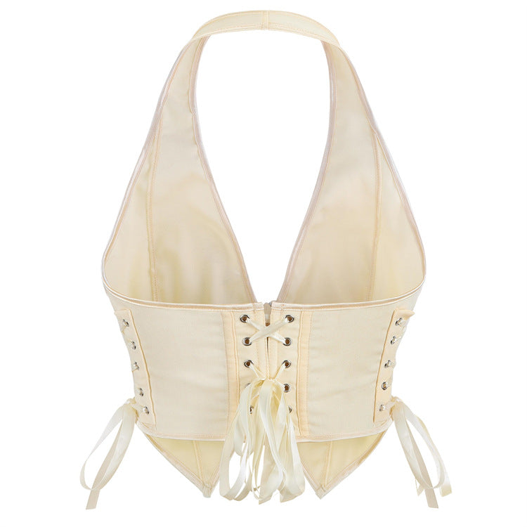 Cream Front-Zip Halter Corset Top, alternate view 3
