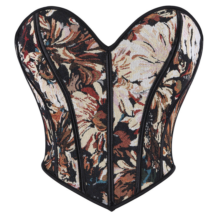 Black Floral Tapestry Lace-Trim Corset Top