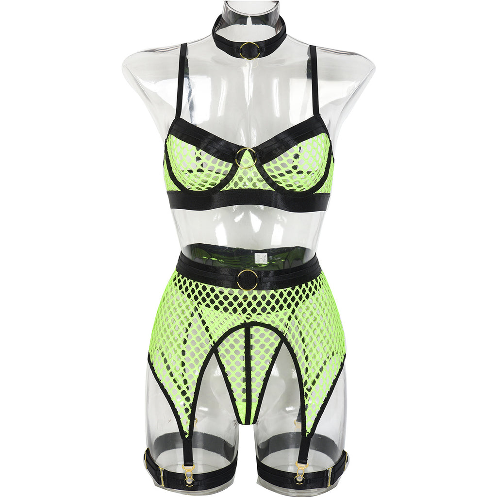 Neon Green Lace Four-Piece Lingerie Set - Alternate View
