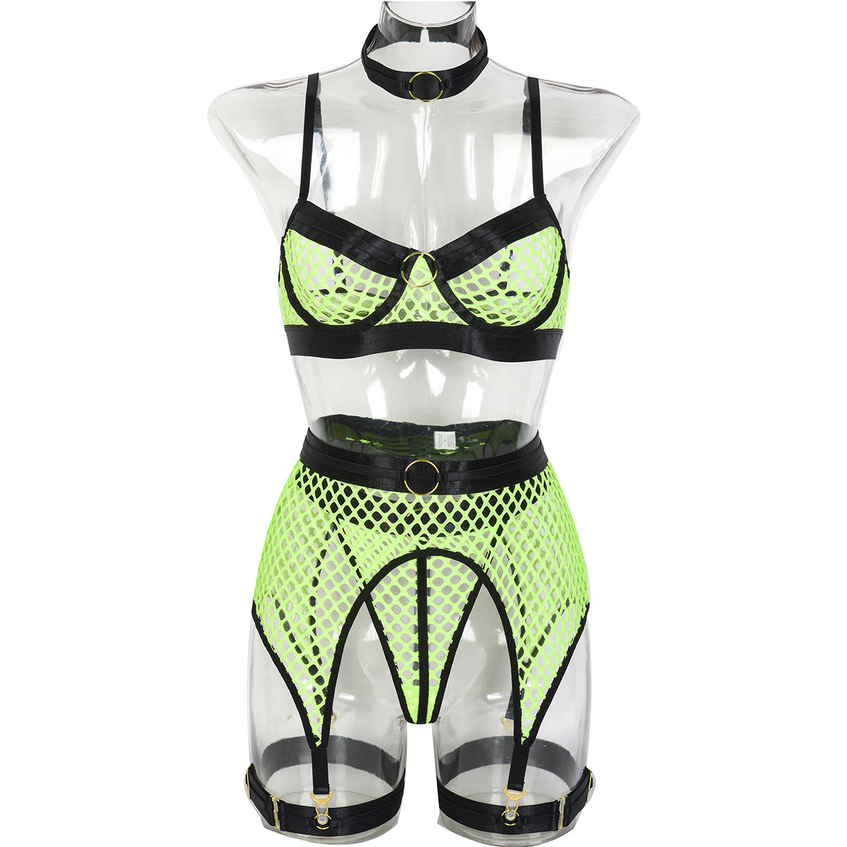 Neon Green Lace Four-Piece Lingerie Set - Alternate View