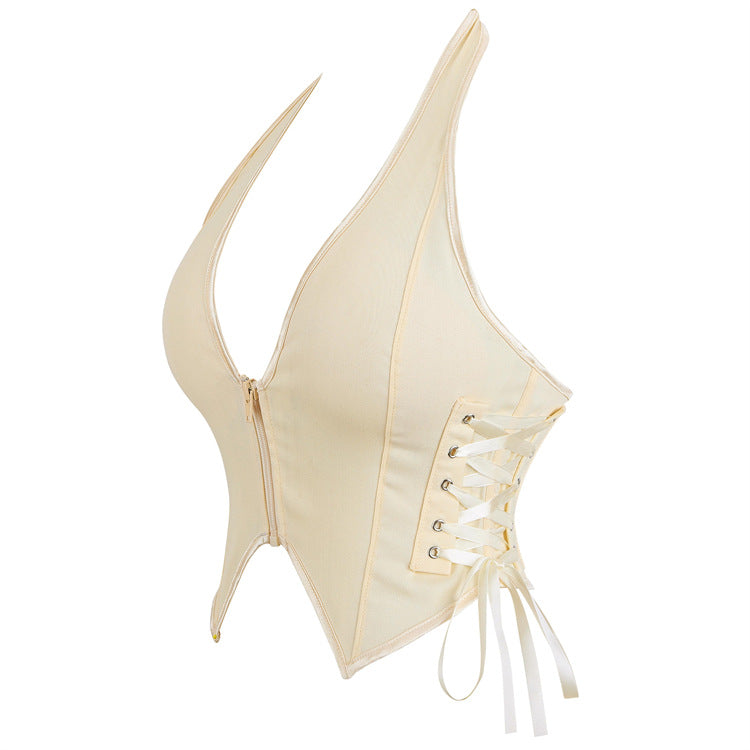 Cream Front-Zip Halter Corset Top, alternate view 2