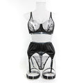 Faux Leather Floral Embroidered Mesh Three-Piece Lingerie Set - Styled View