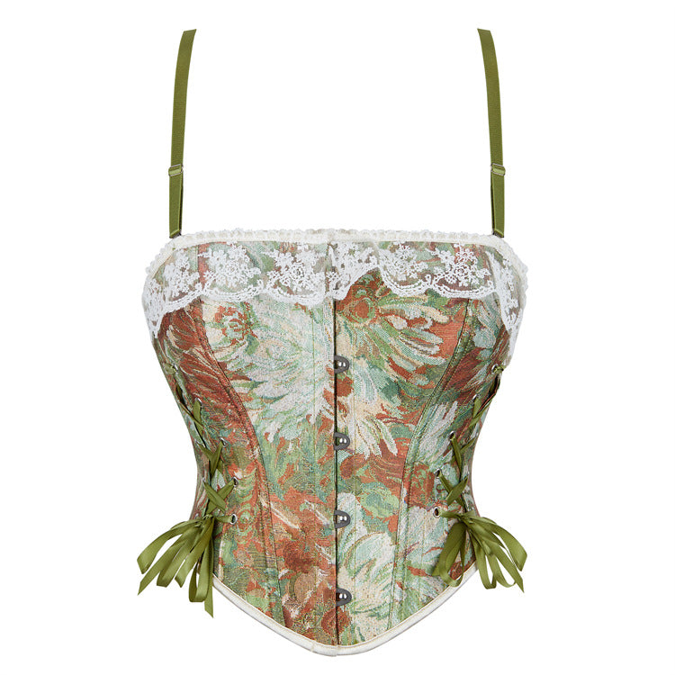 Green Floral Lace-Up Corset Top