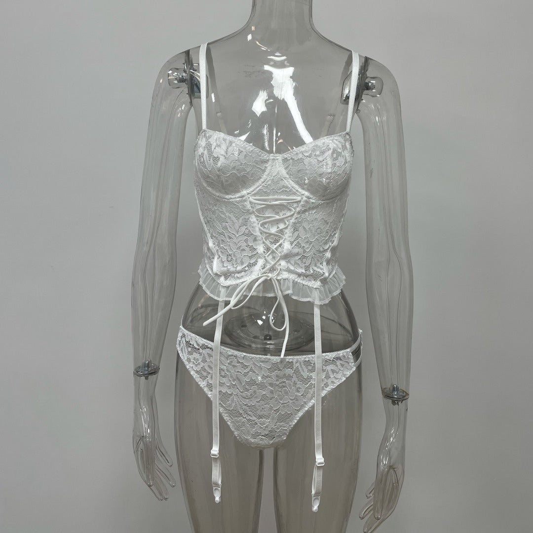 White Lace-Up Corset Lingerie Set, alternate view 4
