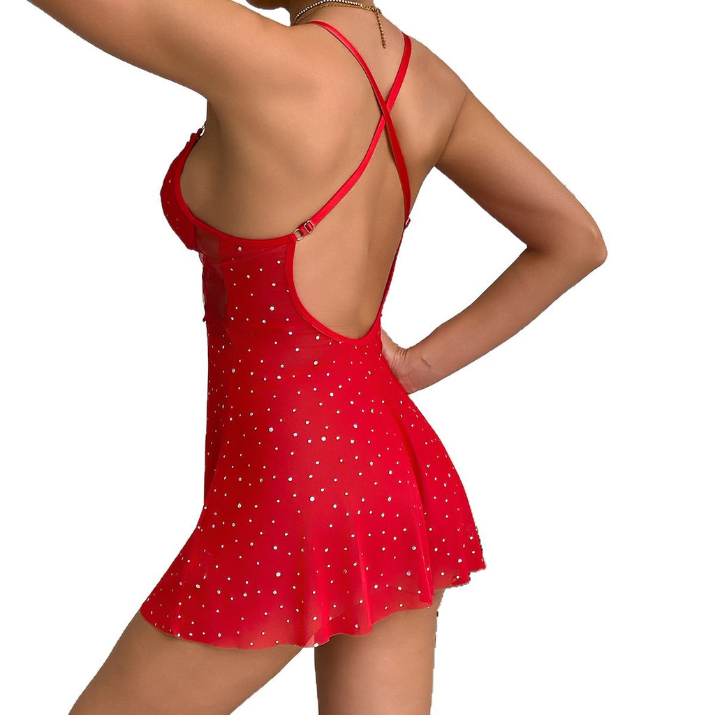 Red floral lace-look babydoll chemise with skirted hem - alternate view