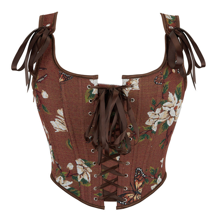 Brown Floral Tie-Strap Corset Top