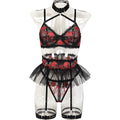 Floral Embroidered Black Lace Four-Piece Lingerie Set - Secret Hour lingerie