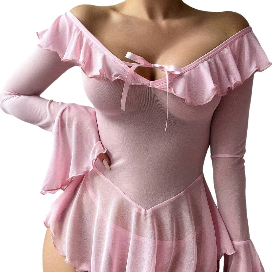 Red Ruffle Long-Sleeve Chemise Nightdress, alternate view 5