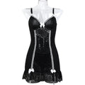 Black lace-panel chemise mini dress with white bow accents - alternate view