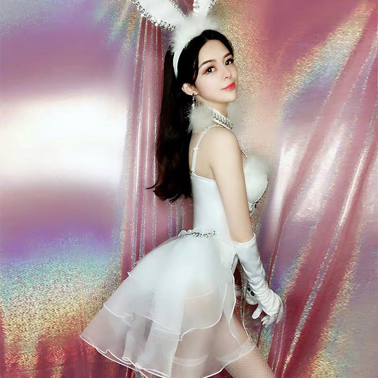 Bunny Costume Lingerie Set With Headband and Choker and Gloves - Detail View