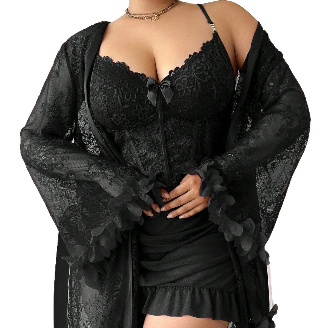 Black Lace Robe Lingerie Set, alternate view 5