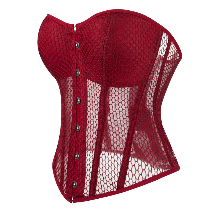 Burgundy Mesh Panel Strapless Corset Top, alternate view 2