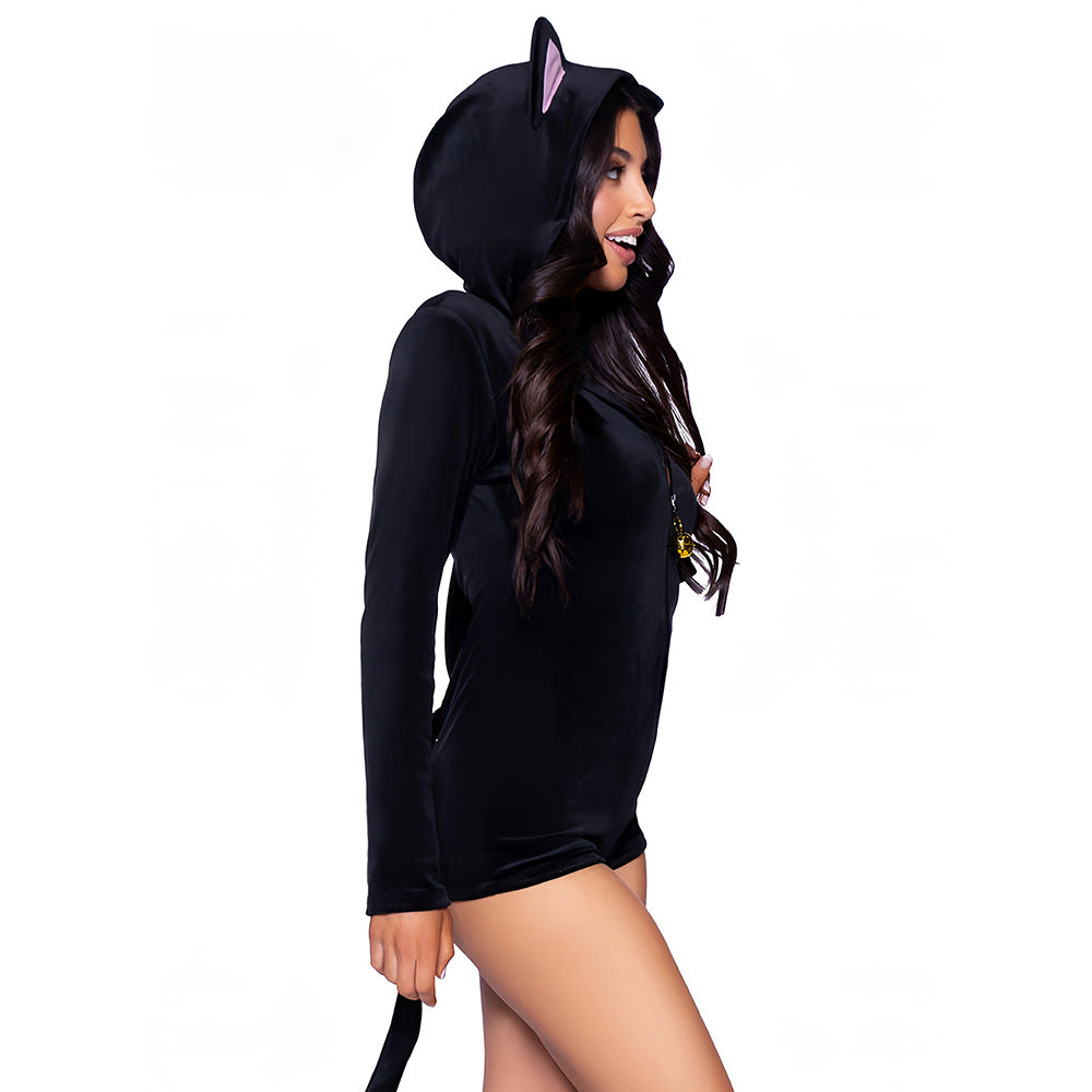 Black cat costume hooded romper with zip-front detail - detail view