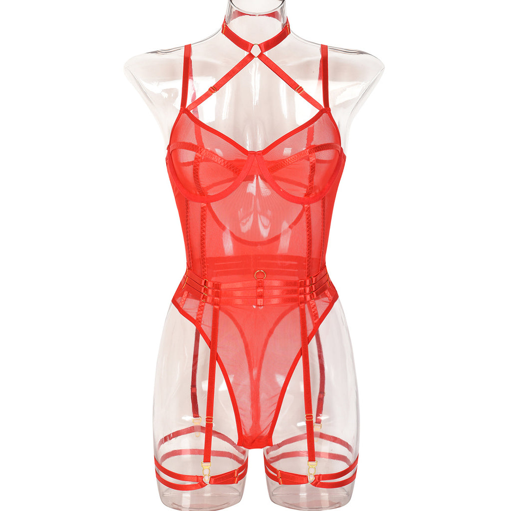 Wine Red Sheer Mesh Teddy Bodysuit - Alternate View