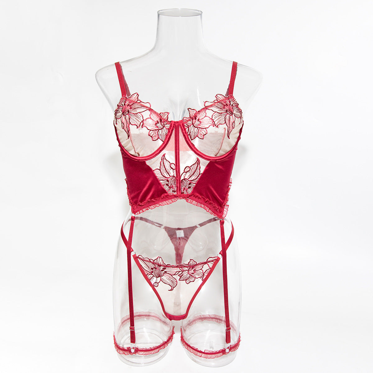Sheer embroidered garter lingerie set in black and wine red color options - alternate view