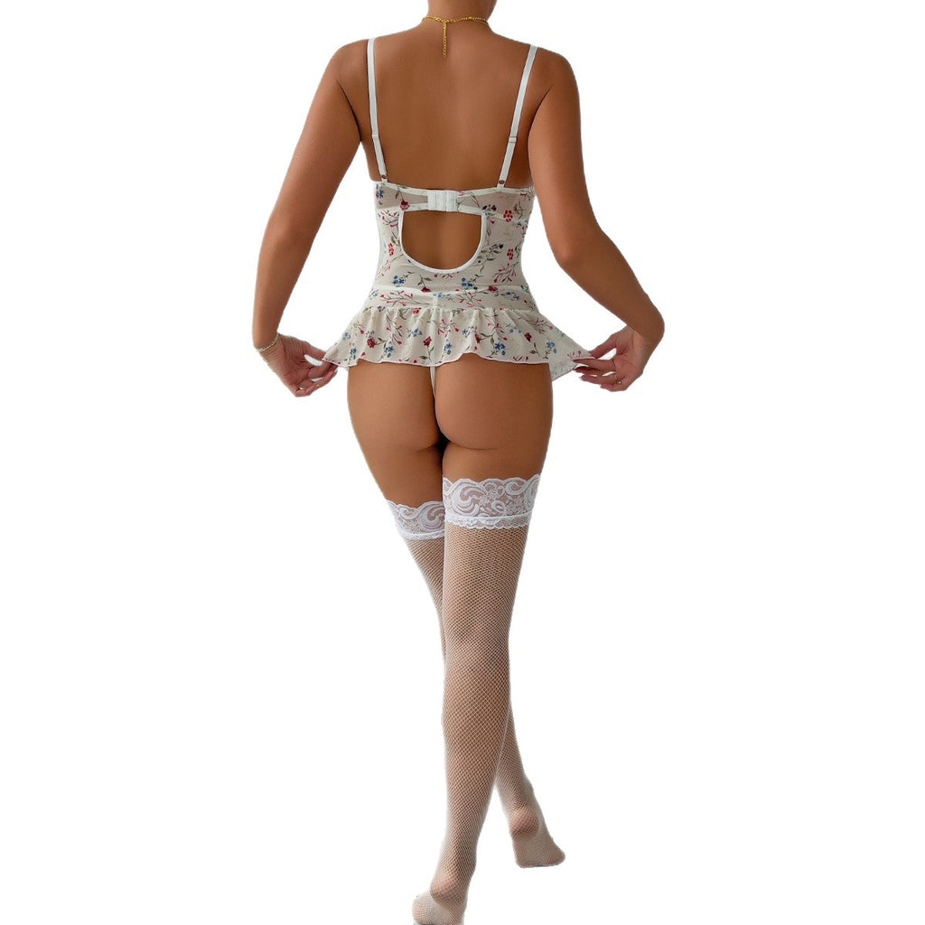Pink Floral Lace Garter Lingerie Set - Alternate View