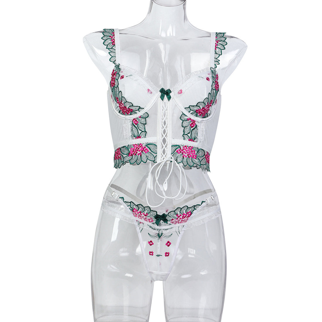 Green Floral Lace Lingerie Set - Alternate View