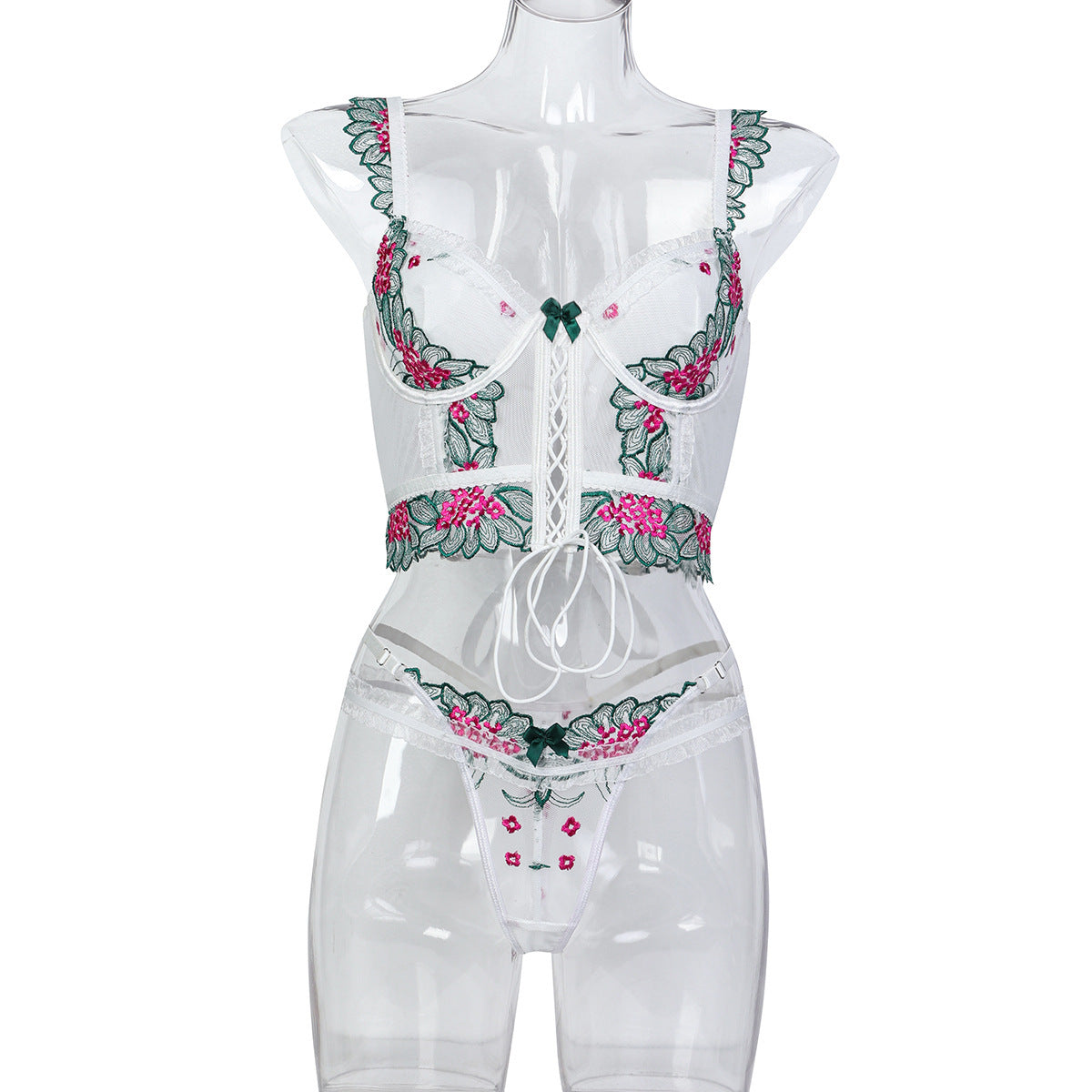 Green Floral Lace Lingerie Set - Alternate View