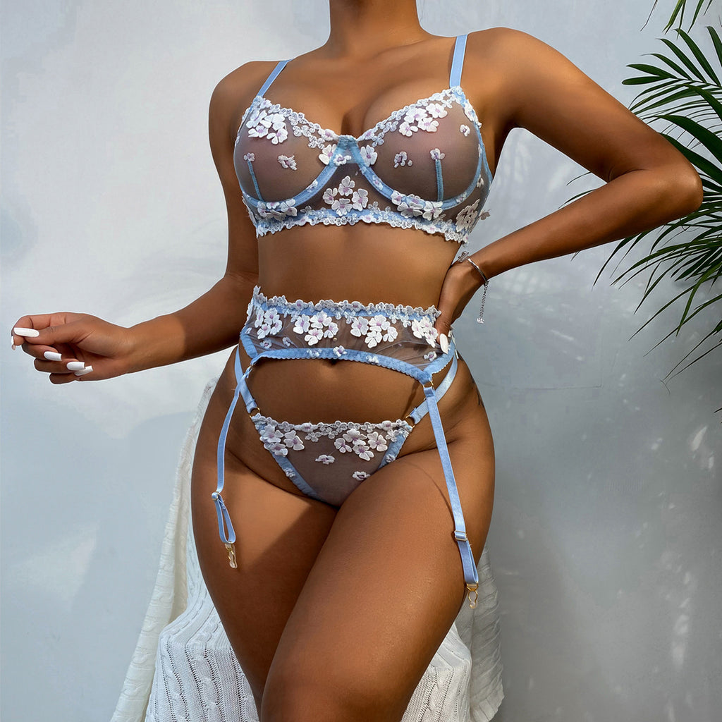 Floral Embroidered Mesh Three-Piece Lingerie Set - Apricot