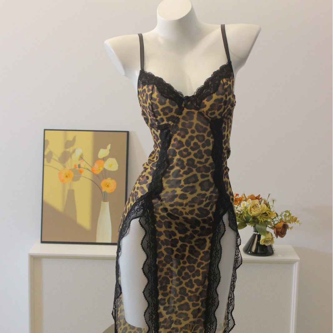 Leopard Mesh Long Lingerie Dress Set, alternate view 4