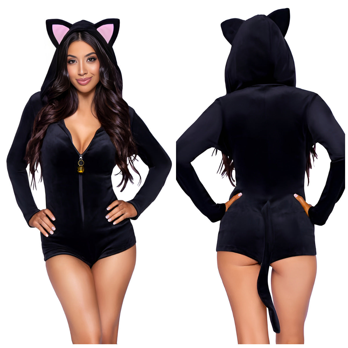 Black cat costume hooded romper with zip-front detail - alternate view