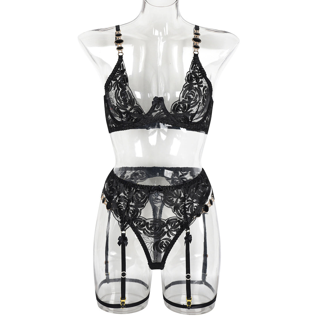Floral Embroidered Rhinestone Three-Piece Lingerie Set - Styled View