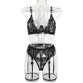 Floral Embroidered Rhinestone Three-Piece Lingerie Set - Styled View