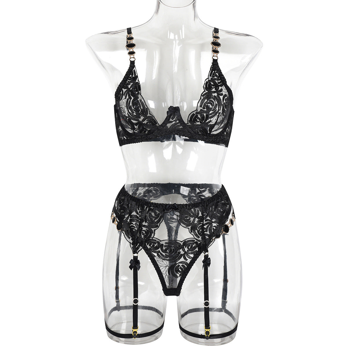 Floral Embroidered Rhinestone Three-Piece Lingerie Set - Styled View