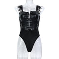 Strappy Lace Faux Leather Teddy Bodysuit - Styled View