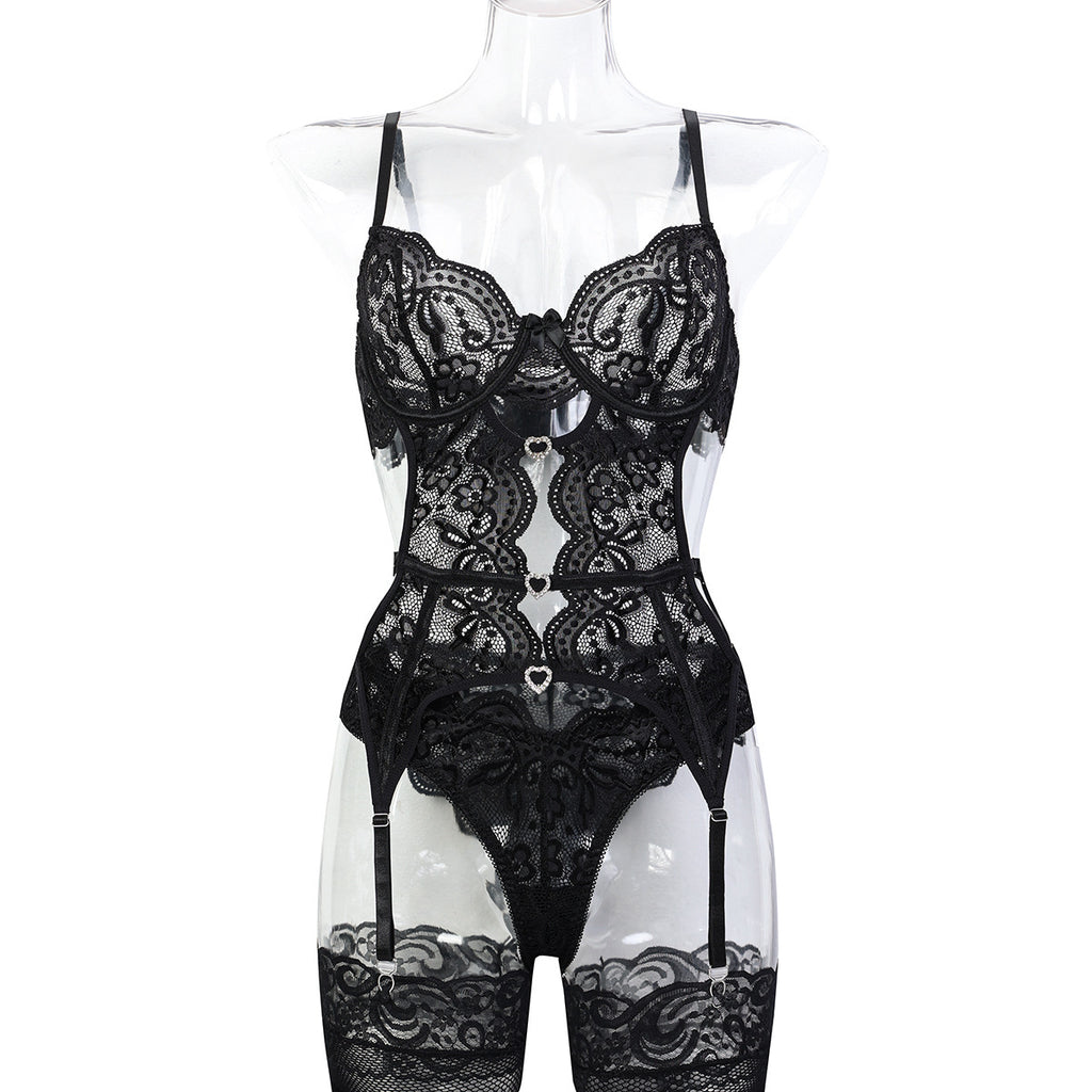 Black floral cutout teddy bodysuit with sculpted front detail - alternate view