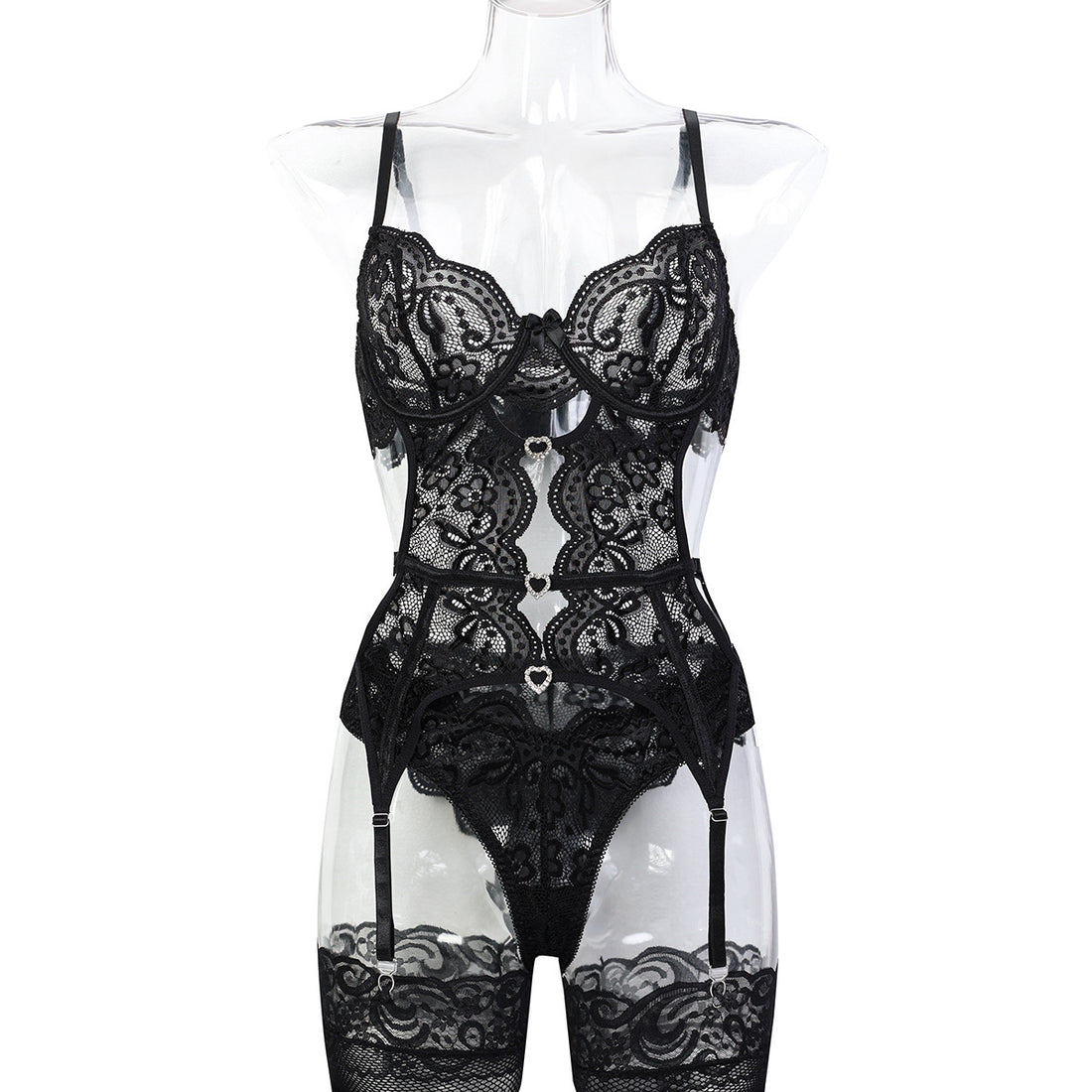 Black floral cutout teddy bodysuit with sculpted front detail - alternate view
