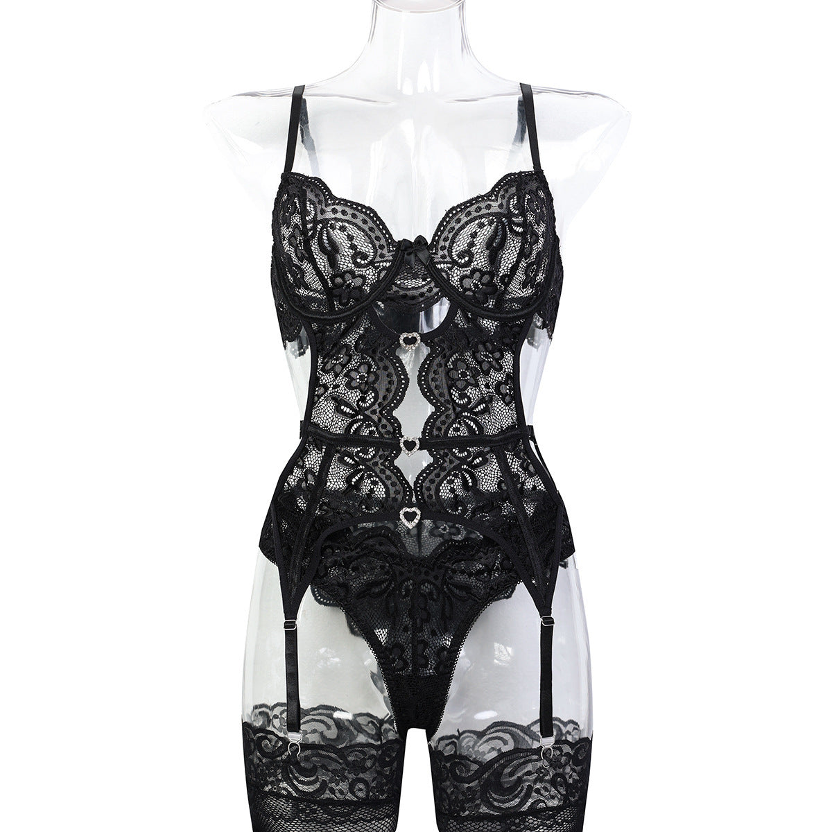 Black floral cutout teddy bodysuit with sculpted front detail - alternate view