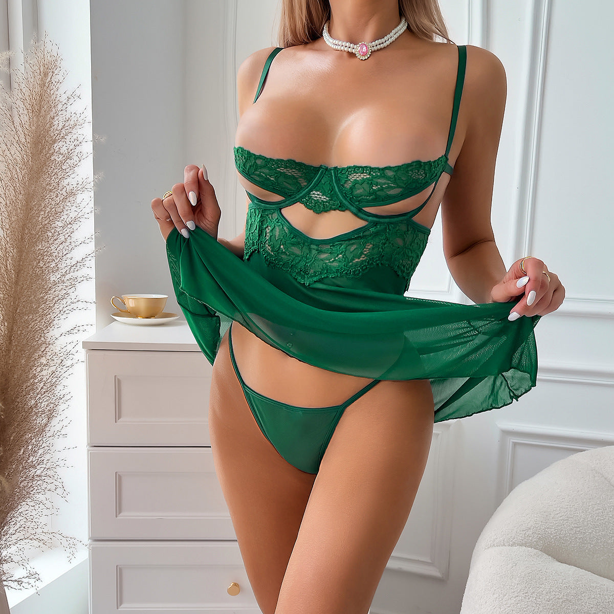 Cutout chemise nightdress in green and black color options - front view