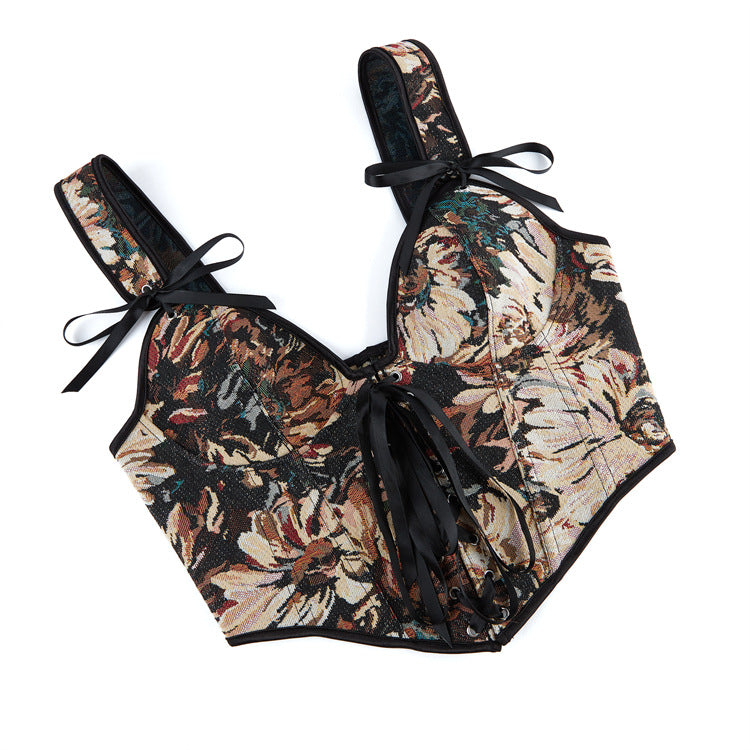 Black Floral Lace-Up Shoulder Corset Top, alternate view 4