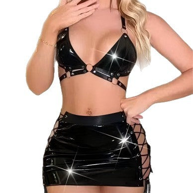 Black Leather-Look Mini Skirt Lingerie Set, alternate view 5