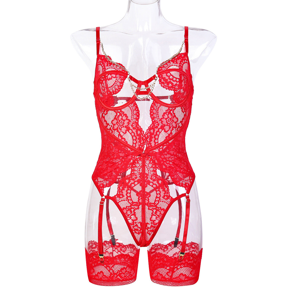 Red floral cutout teddy bodysuit with garter-style straps - alternate view