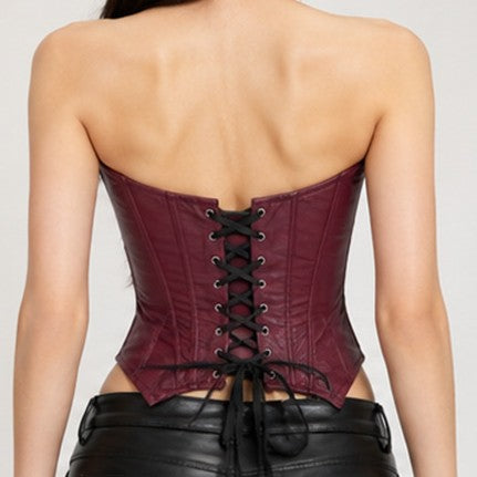 Burgundy Leather-Look Strapless Corset Top, alternate view 4