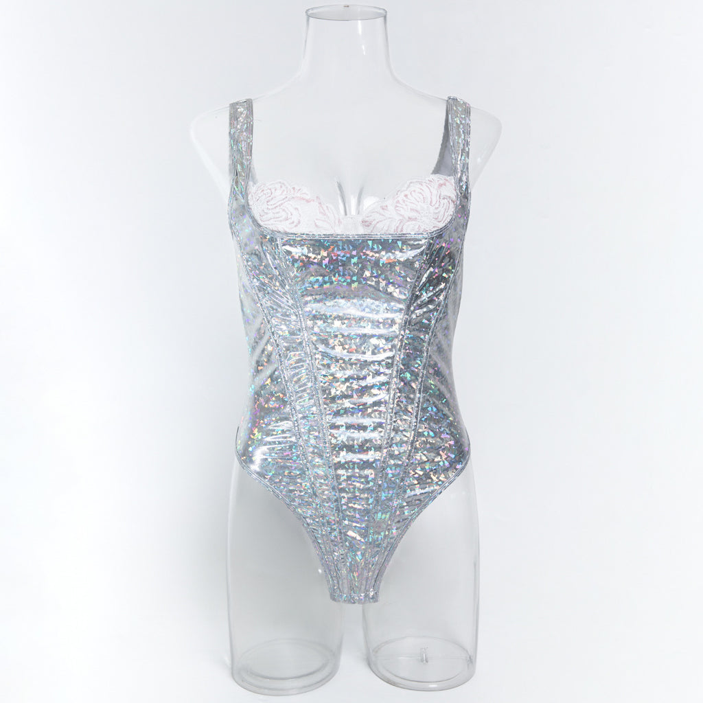 Silver Faux Leather Teddy Bodysuit - Styled View