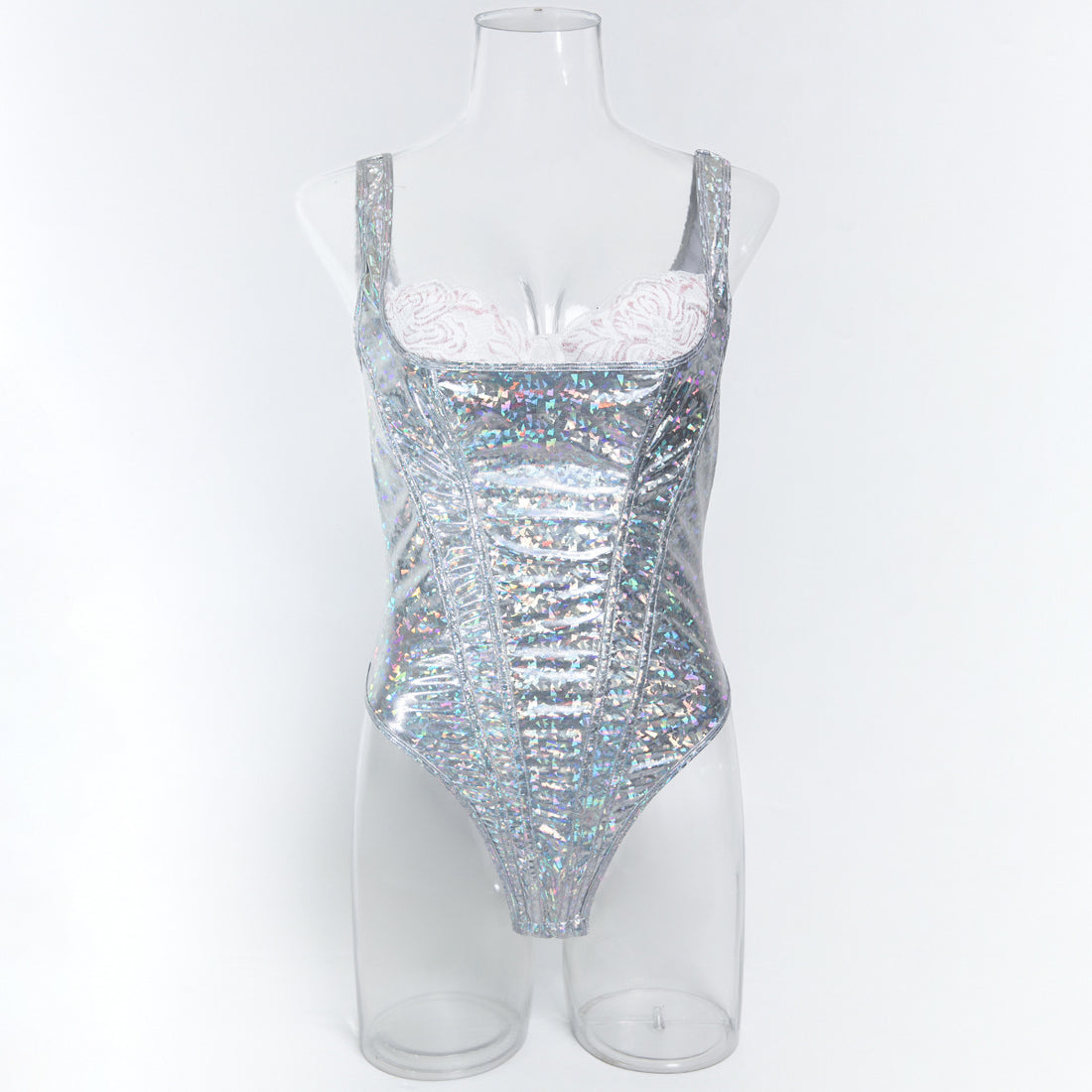 Silver Faux Leather Teddy Bodysuit - Styled View