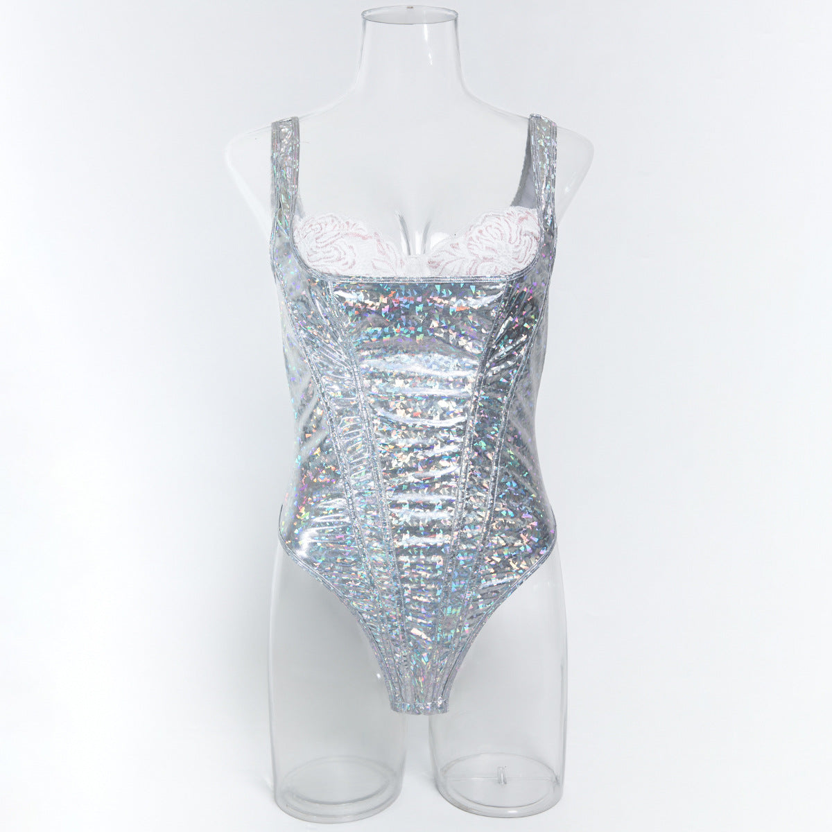 Silver Faux Leather Teddy Bodysuit - Styled View