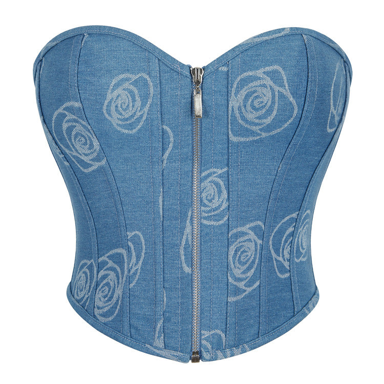 Blue Rose Print Strapless Corset Top