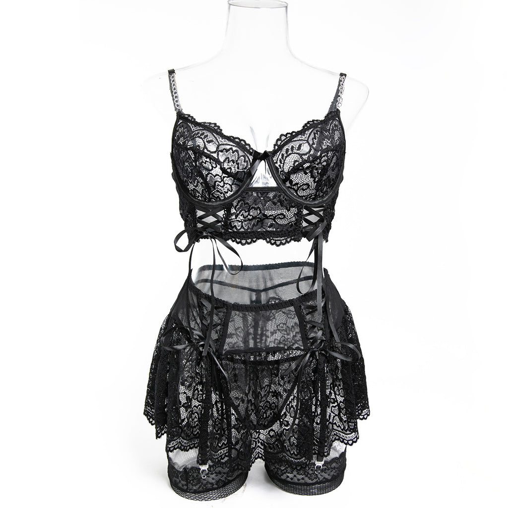 Navy Blue Strappy Three-Piece Lingerie Set - Alternate View