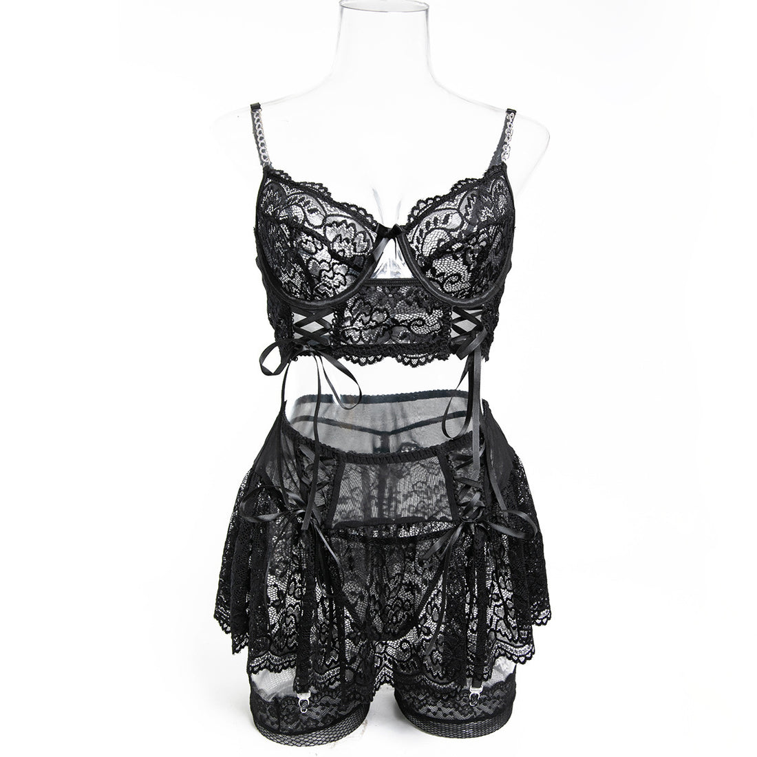 Navy Blue Strappy Three-Piece Lingerie Set - Alternate View