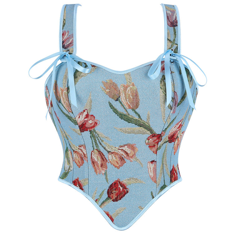 Blue Floral Tie-Strap Corset Top, alternate view 5
