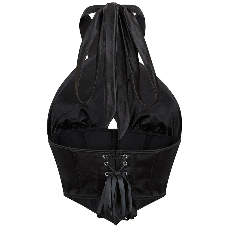 Black Satin-Look Cross-Neck Corset Top, alternate view 3