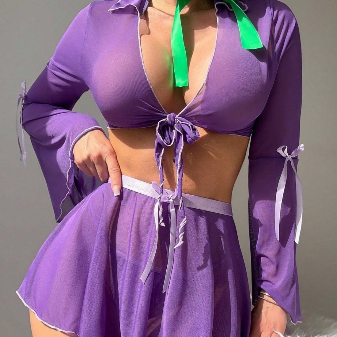 Purple Bell-Sleeve Tie-Front Lingerie Set, alternate view 2