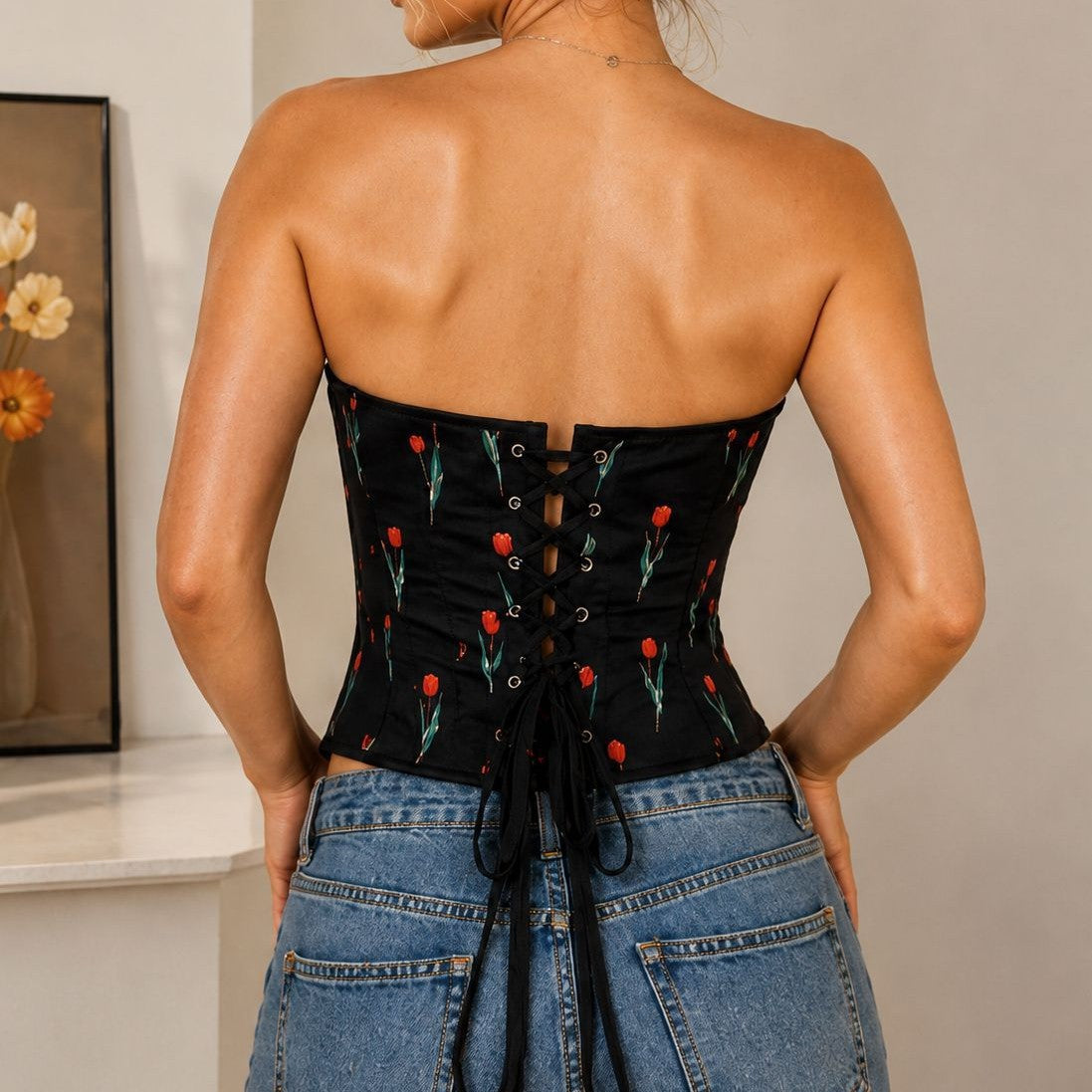Black Cherry Print Sweetheart Corset Top, alternate view 4