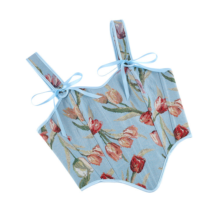 Blue Floral Tie-Strap Corset Top, alternate view 4